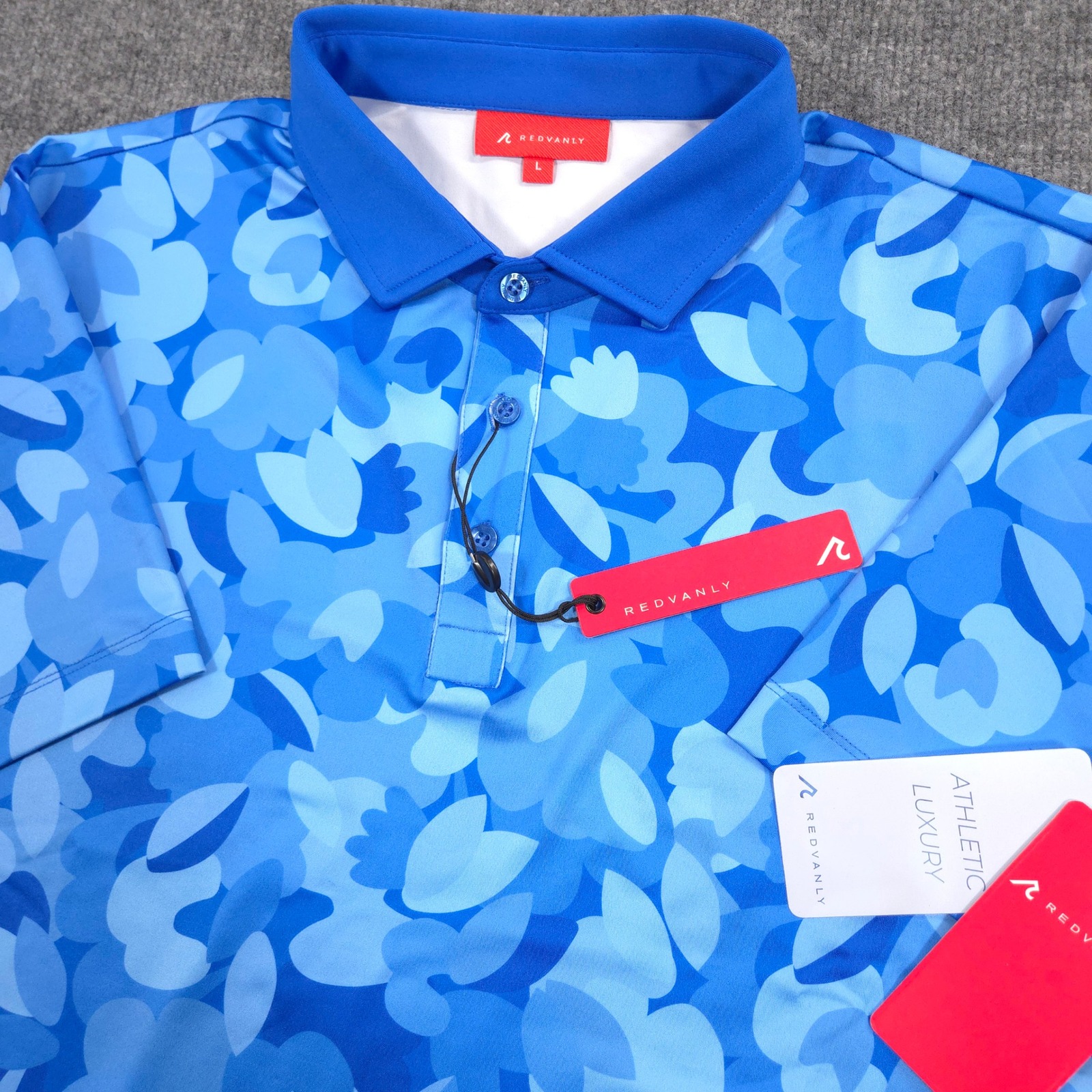 Redvanly Polo Shirt Mens L Marine Blue Fluers Floral Camo Performance Golf New